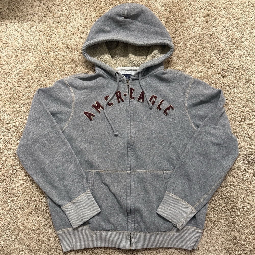 Y2K American Eagle Outfitters Mens XL Sherpa Lined Full Zip Hoodie Gray Spellout